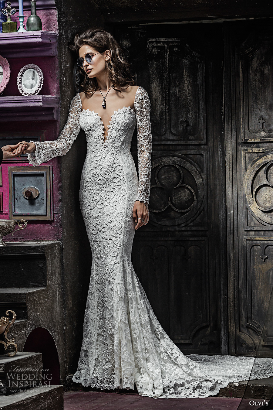 olvis 2017 couture bridal long sleeves deep plunging sweetheart neckline full embellishment elegant sexy lace mermaid wedding dress low back chapel train (2318) mv