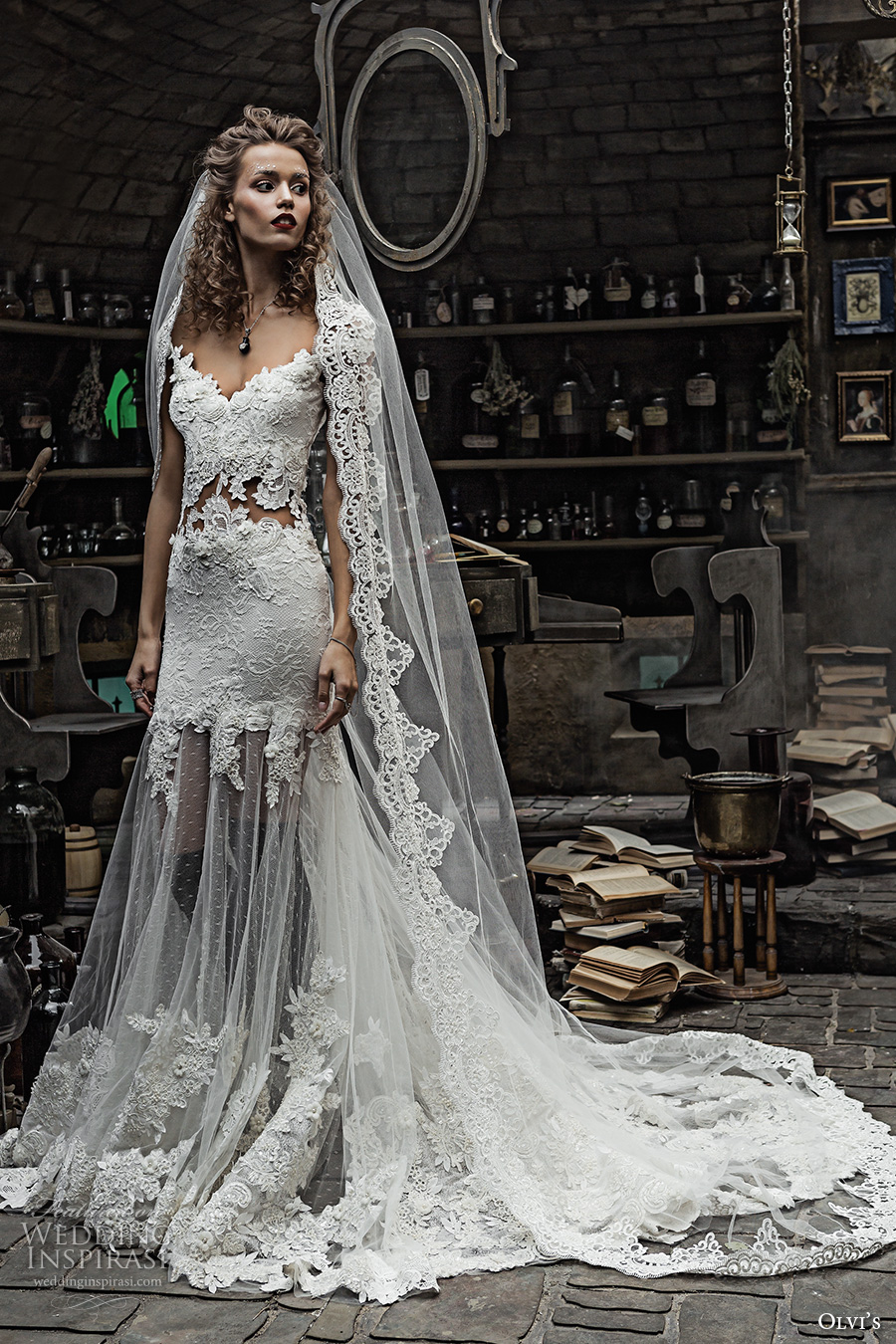 olvis 2017 couture bridal off the shoulder v neck heavily embellished bodice sheer skirt elegant trumpet lace wedding dress sweep train (2144) mv