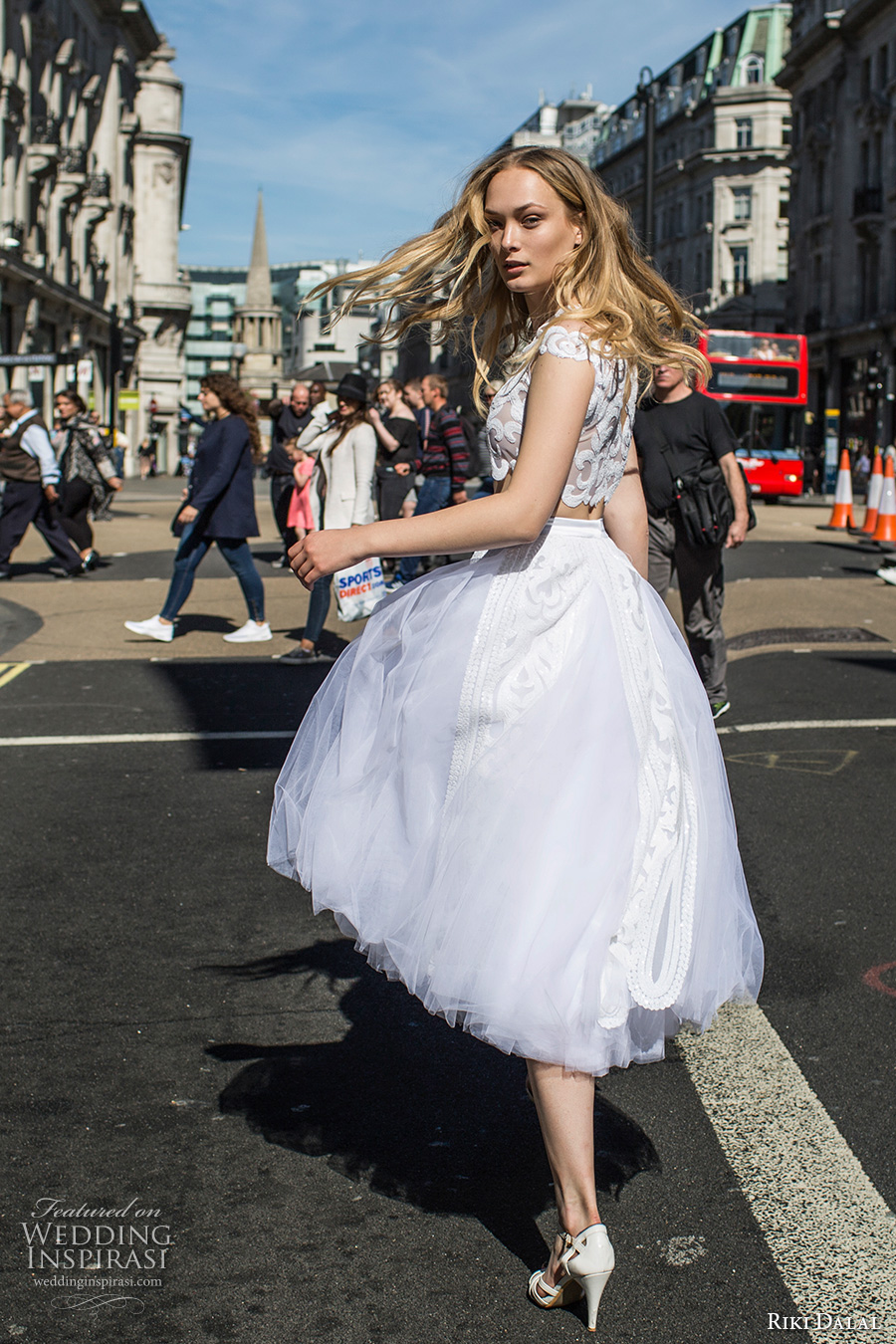 riki dalal fall 2017 bridal cap sleeves off the shoulder high neck heavily embellished bodice crop top tulle romantic short wedding dress (1903) bv