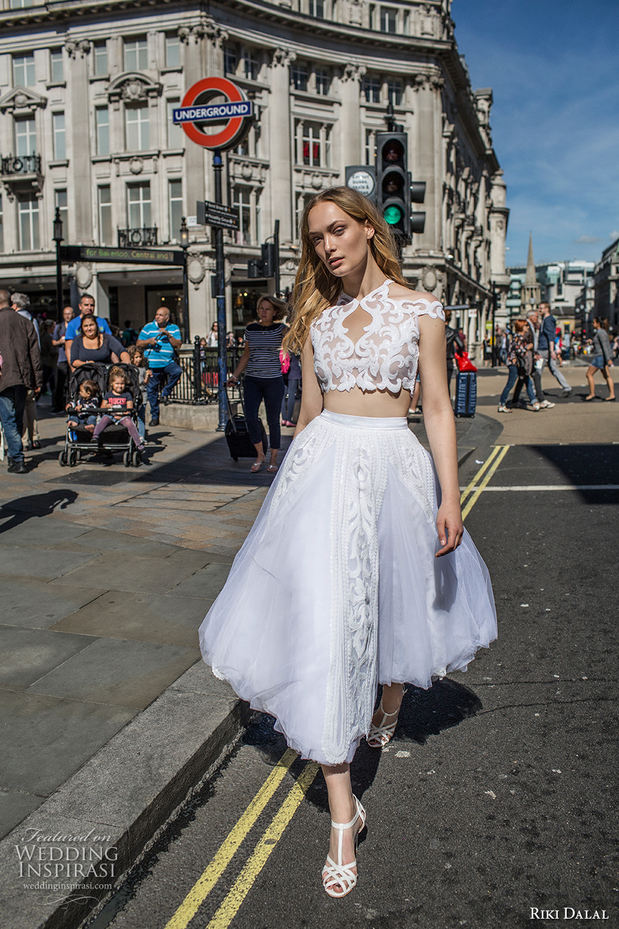 riki dalal fall 2017 bridal cap sleeves off the shoulder high neck heavily embellished bodice crop top tulle romantic short wedding dress (1903) mv