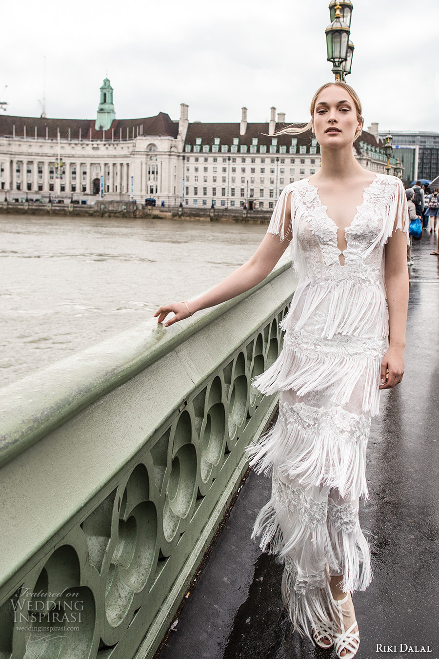 riki dalal fall 2017 bridal short fringe sleeves deep v neck full embellshment layered tiered fringe bohemian sheath wedding dress (1913) mv