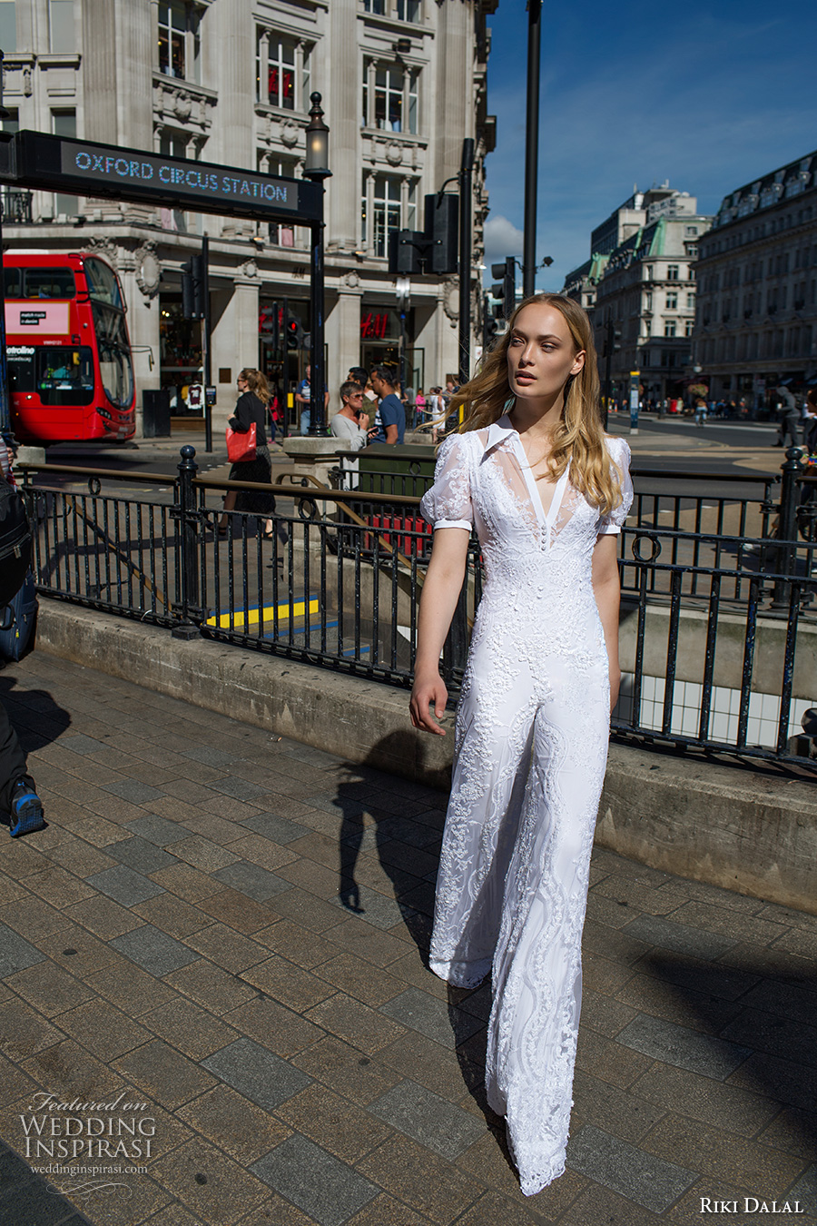 riki dalal fall 2017 bridal short sleeves collar v neck full embellishment sophiscated jumpsuit wedding dress low back (1902) mv