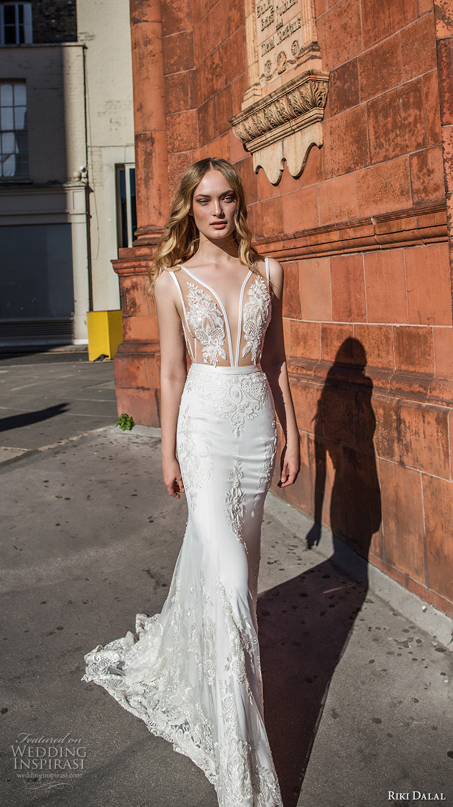 riki dalal fall 2017 bridal sleeveless plunging v neck heavily embellished bodice elegant sexy sheath wedding dress low v back chapel train (1917) mv