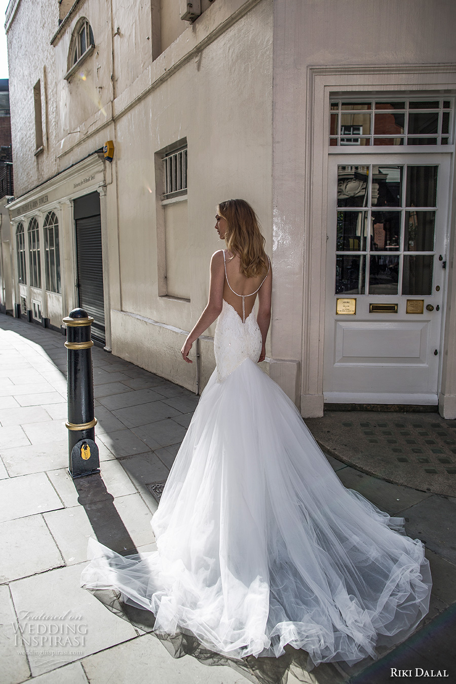 riki dalal fall 2017 bridal spagetti strap deep plunging sweetheart neckline heavily embellished bodice tulle skirt sexy elegant mermaid wedding dress low back chapel train (1906) bv