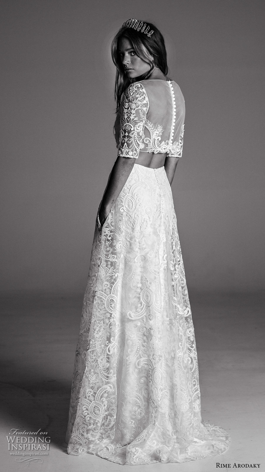 rime arodaky fall 2017 bridal half sleeves bateau neckline full embellishment crop top lace skirt bohemian romantic modified a  line wedding dress sheer back sweep train (10) bv