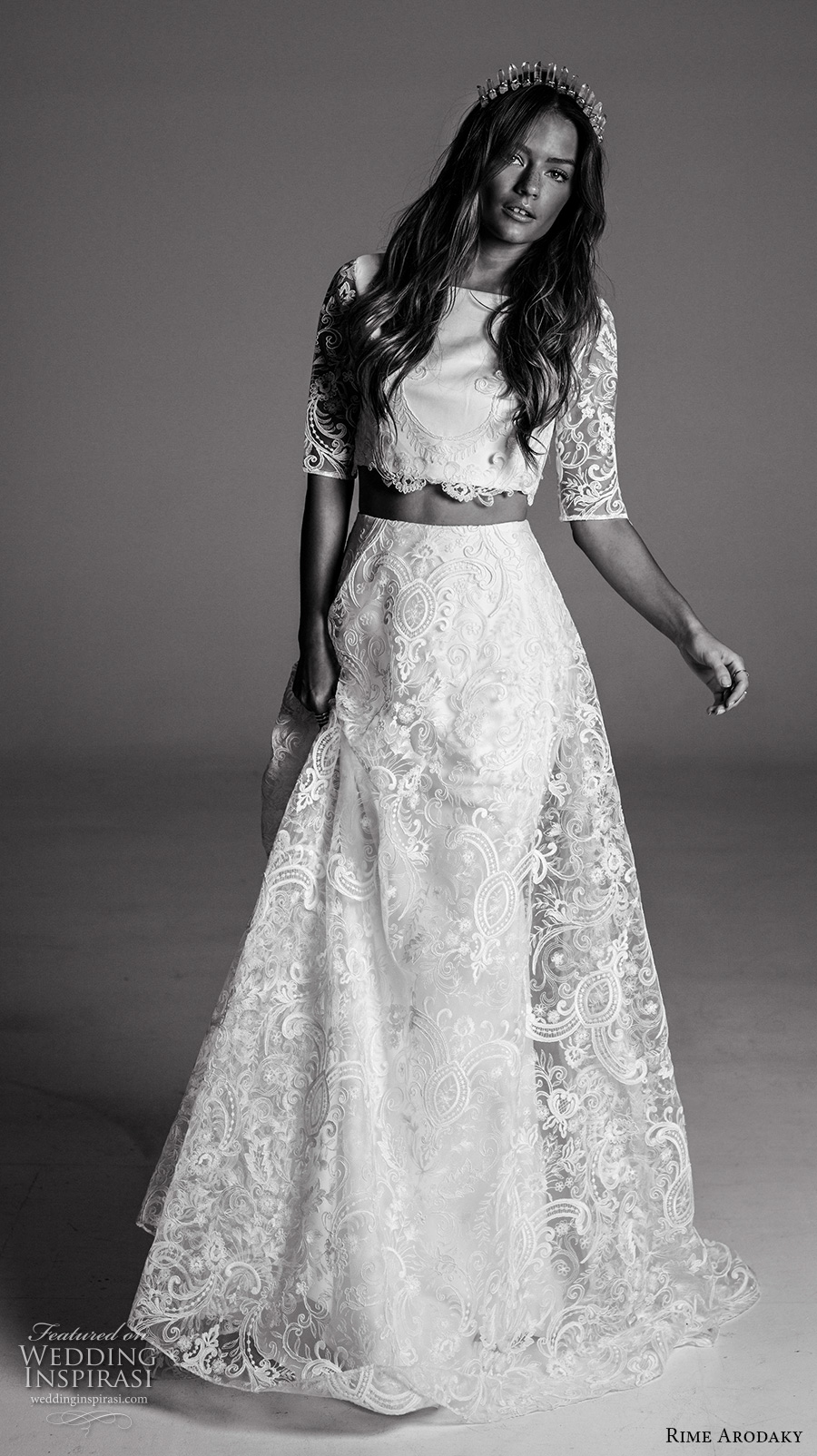 rime arodaky fall 2017 bridal half sleeves bateau neckline full embellishment crop top lace skirt bohemian romantic modified a  line wedding dress sheer back sweep train (10) mv