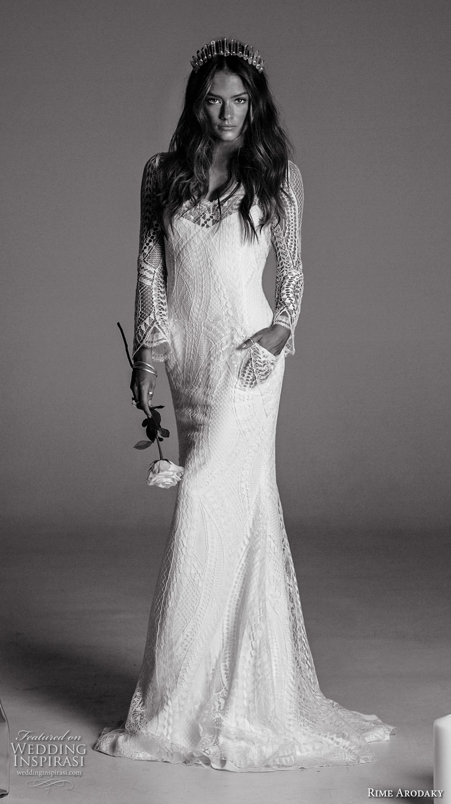 rime arodaky fall 2017 bridal long sleeves illusion scoop neckline full embellishment lace elegant sheath wedding dress with pockets low back strap sweep train (1) mv