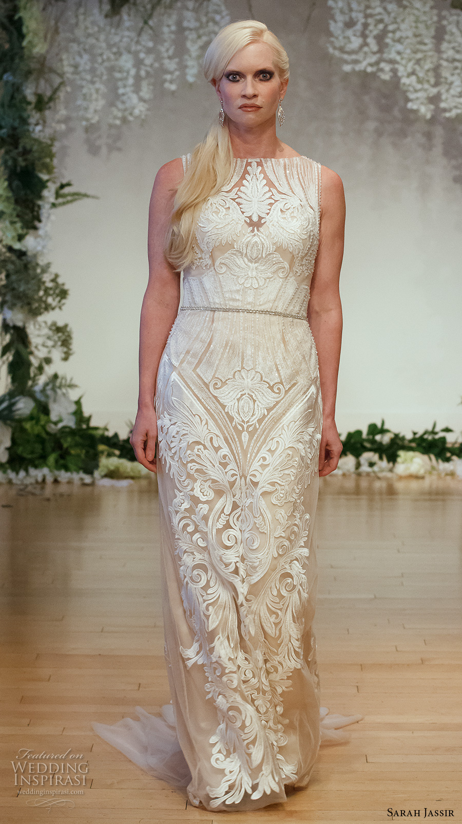 sarah jassir 2017 bridal sleeveless bateau neckline full embellishment elegant lace sheath wedding dress sweep train (14) mv