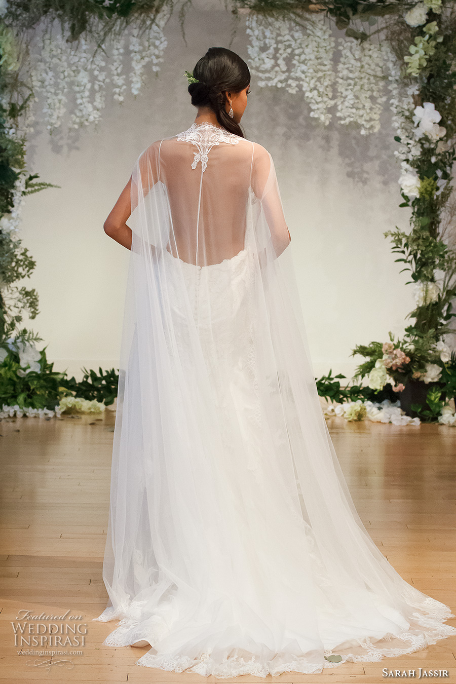 sarah jassir 2017 bridal spagetti strap sweetheart neckline full embellishment elegant trumpet wedding dress lace cape sheer back sweep train (3) bv