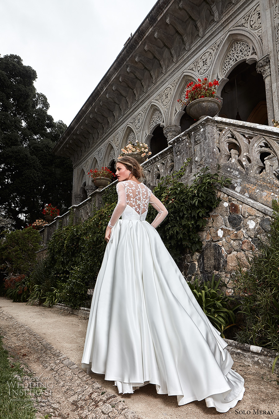 solo merav 2017 bridal long sleeves illusion jewel sweetheart neckline heavily embellished bodice satin skirt princess ball gown a  line wedding dress illusion back chapel train (camila) bv