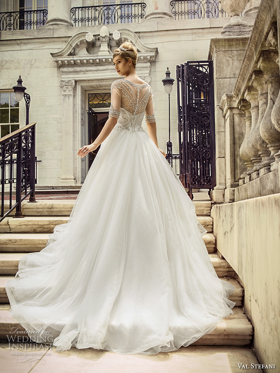 val stefani spring 2017 bridal half sleeves illusion bateau sweetheart neckline heavily embellished bodice romantic princess ball gown a  line wedding dress illusion back chapel train (d8128) bv