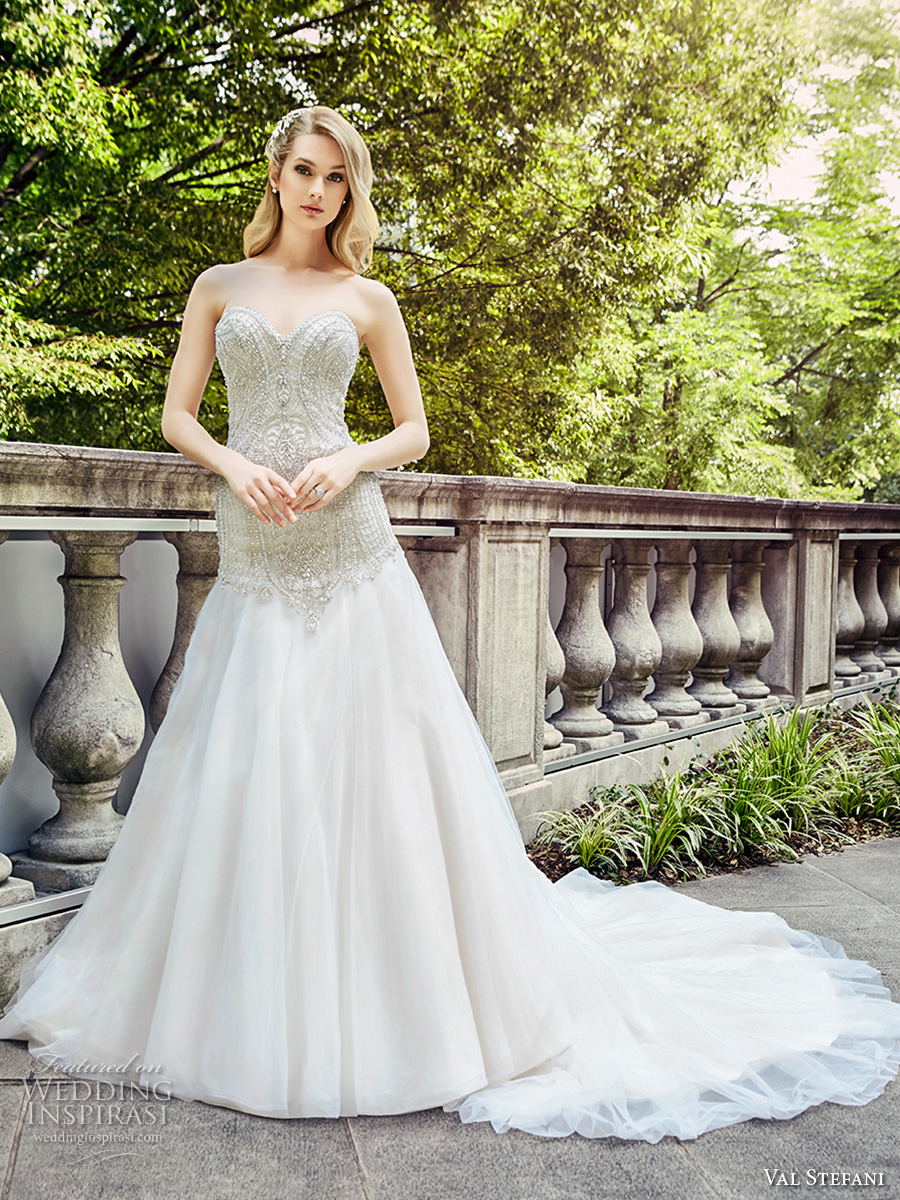 val stefani spring 2017 bridal strapless sweetheart neckline heavily embellished bodice drop waist a  line wedding dress chapel train (d8126) mv