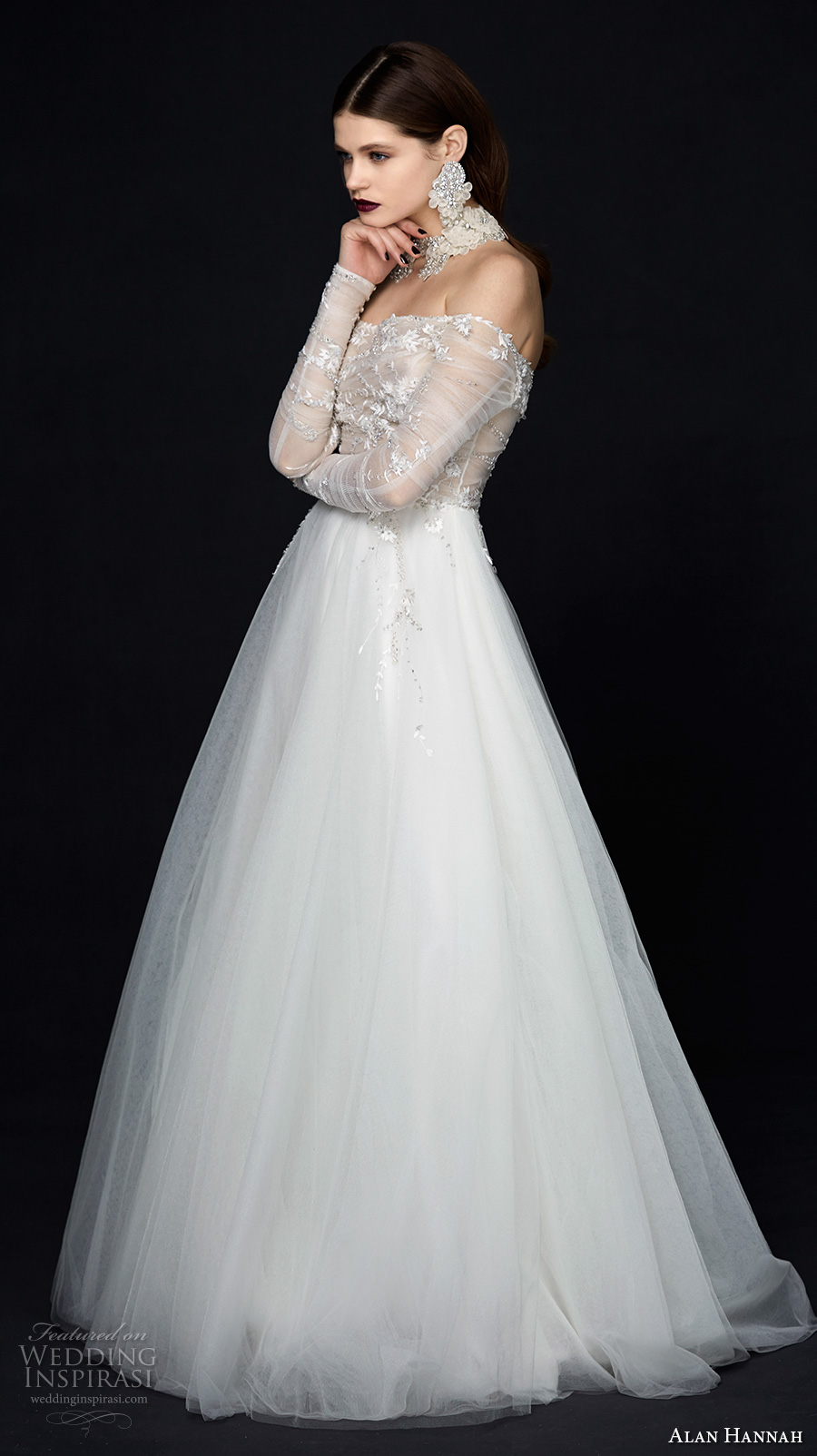 alan hannah 2017 bridal long sleeves off the shoulder straight across neckline heavily embellished bodice romantic sexy a  line wedding dress sweep train (liberty) mv