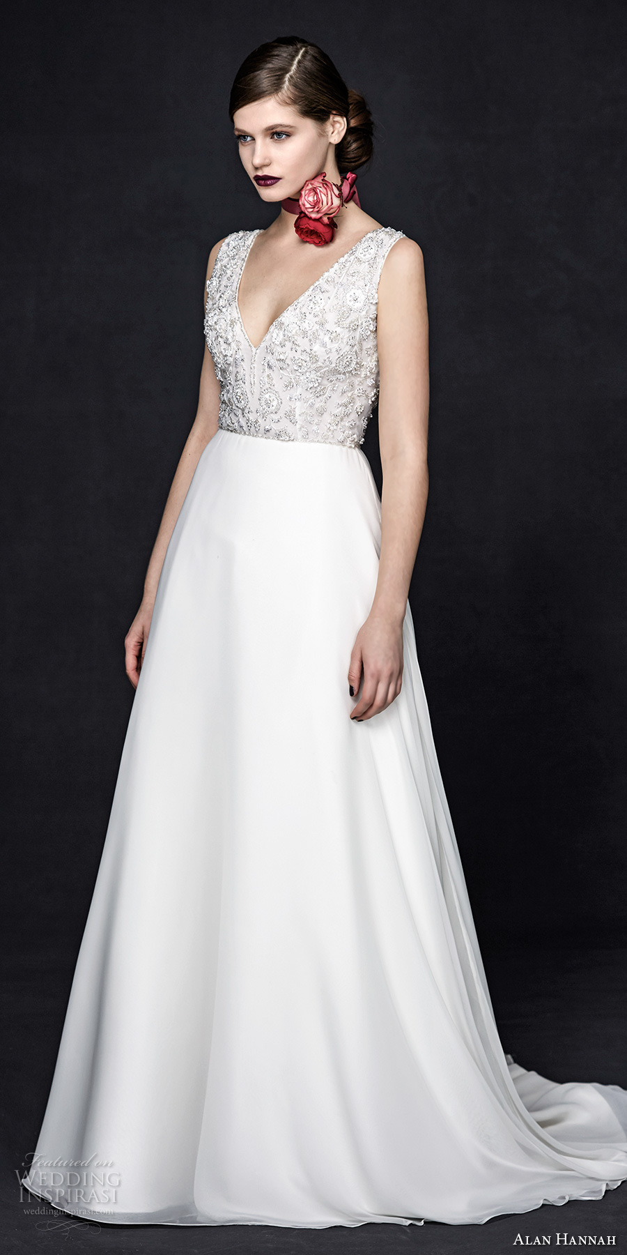 alan hannah 2017 bridal sleeveless thick strap v neck heavily embellished bodice romantic glamorous a  line wedding dress sweep train (cornelia) mv