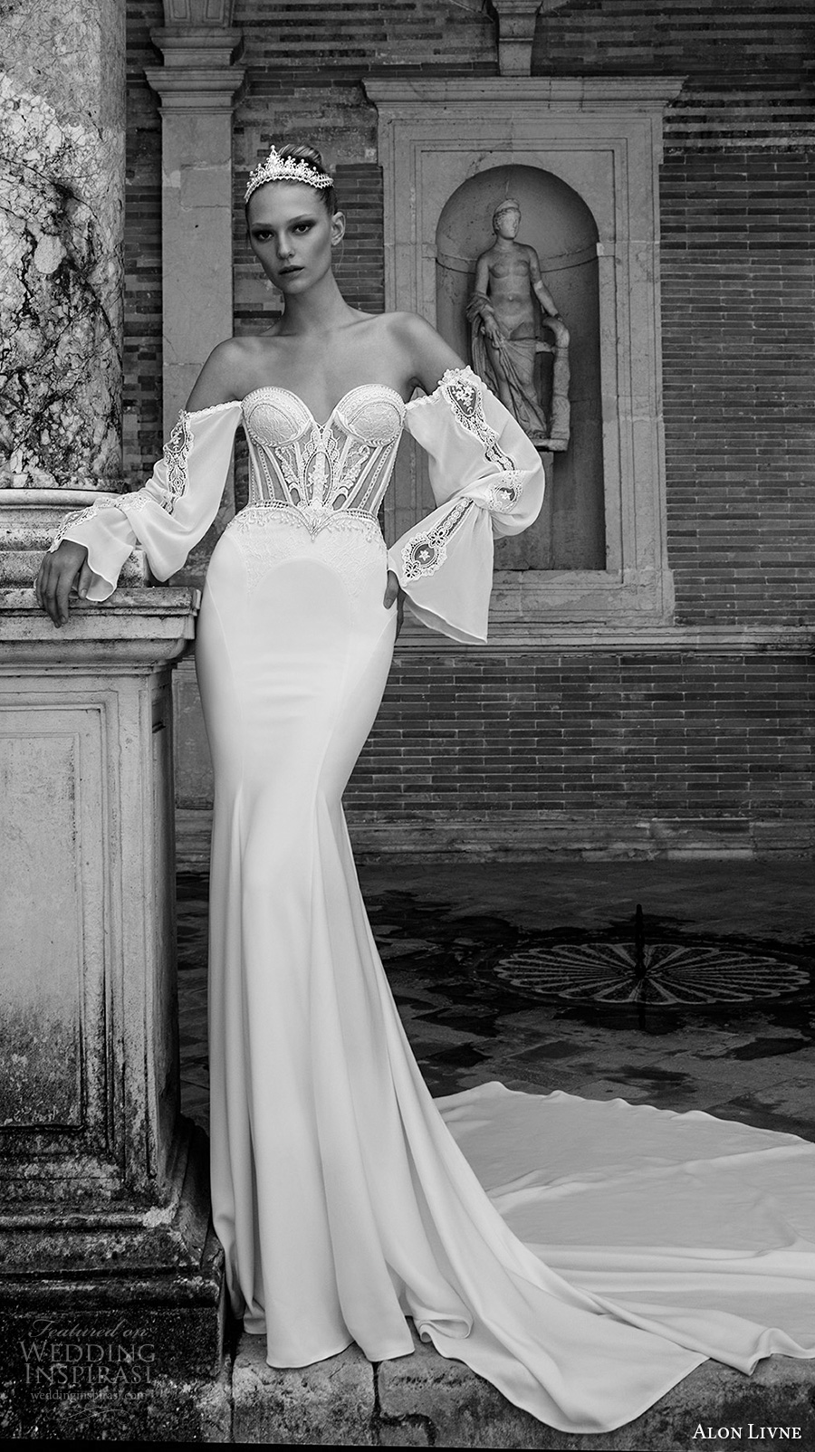 alon livne 2017 bridal long bell sleeves strapless sweetheart neckline bustier heavily embroidered bodice sexy fit and flare sheath wedding dress chapel train (margot) mv