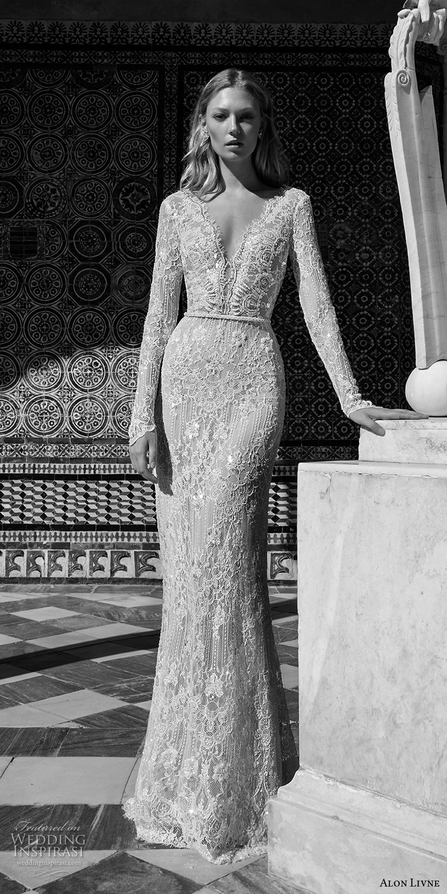 alon livne 2017 bridal long sleeves deep v neck full embellishment elegant glamorous sexy sheath weding dress low back sweep train (kim) mv