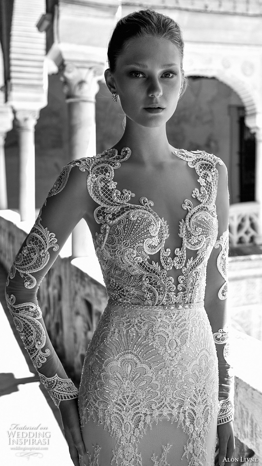 alon livne 2017 bridal long sleeves plunging sweetheart neckline full embroidered elegant glamorous sheath wedding dress keyhole back sweep train (caroline) zv