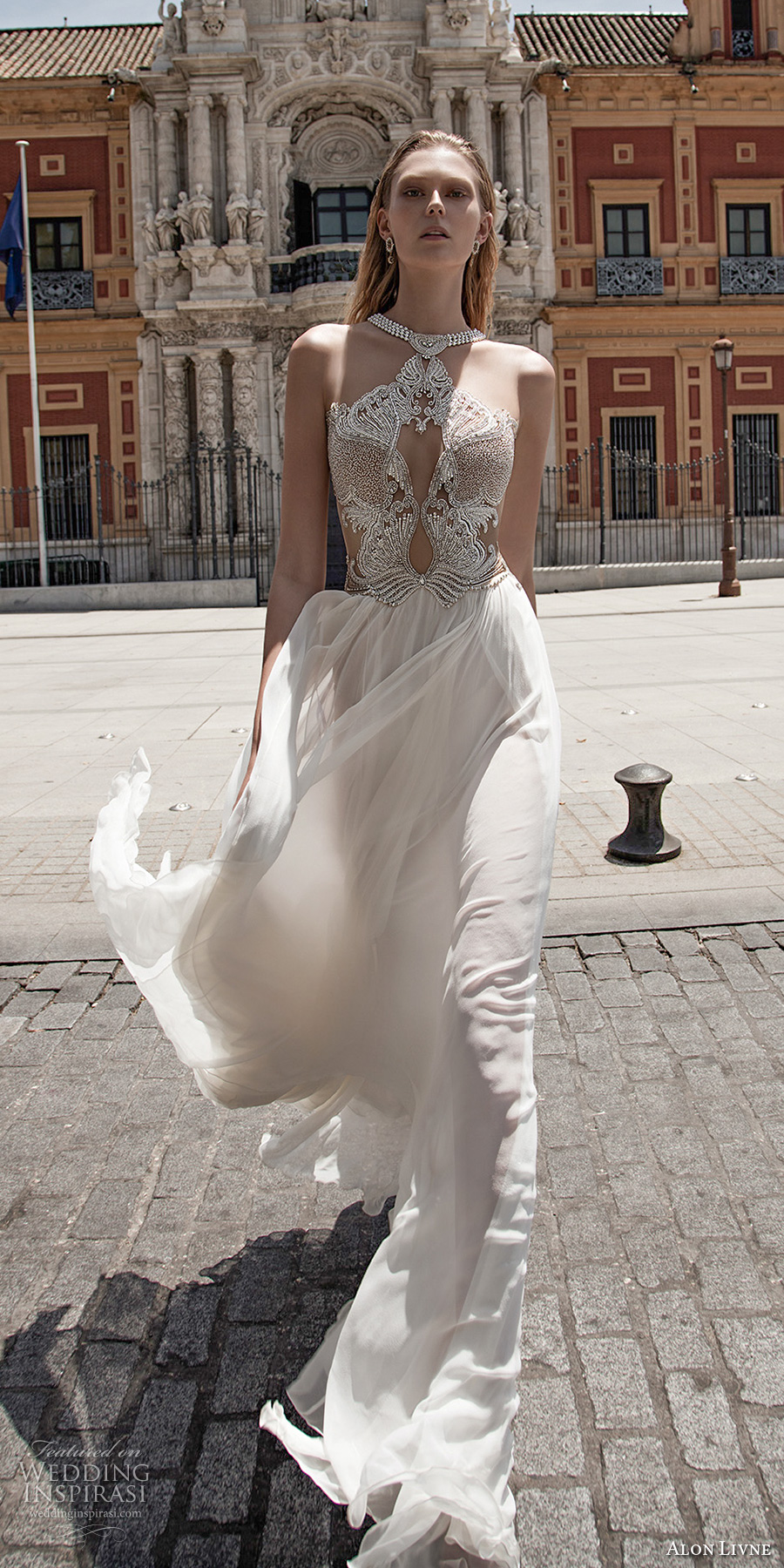 alon livne 2017 bridal sleeveless halter neck keyhole heavily embellished bodice elegant sexy glamorous sheath wedding dress (venus) mv