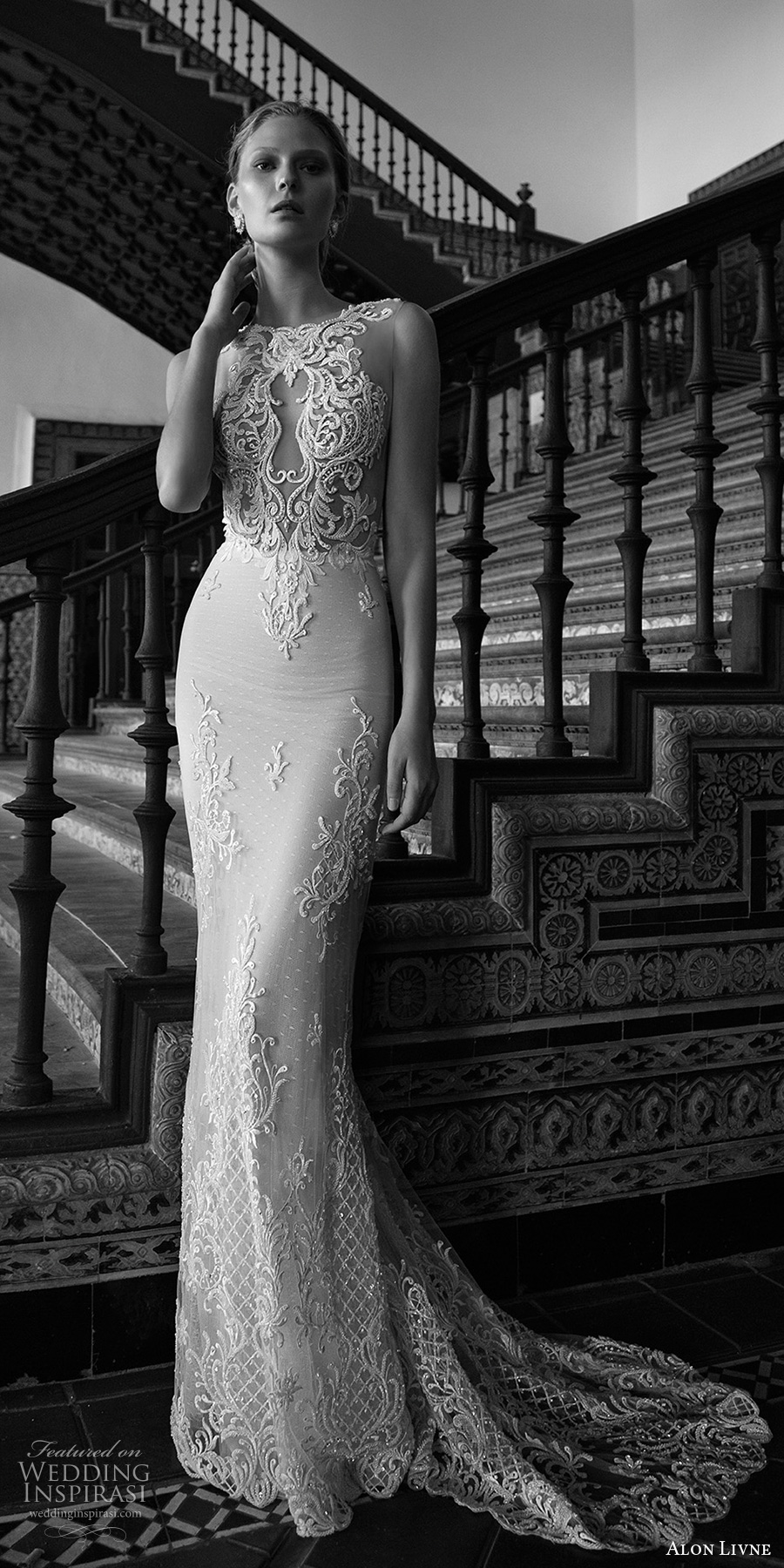 alon livne 2017 bridal sleeveless jewel neckline keyhole heavily embellished bodice elegant sexy sheath wedding dress low back chapel train (alexis) mv