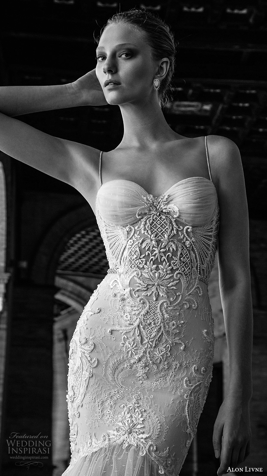 alon livne 2017 bridal sleeveless spagetti strap sweetheart neck heavily embroidered mermaid wedding dress chapel train (gisele) zv