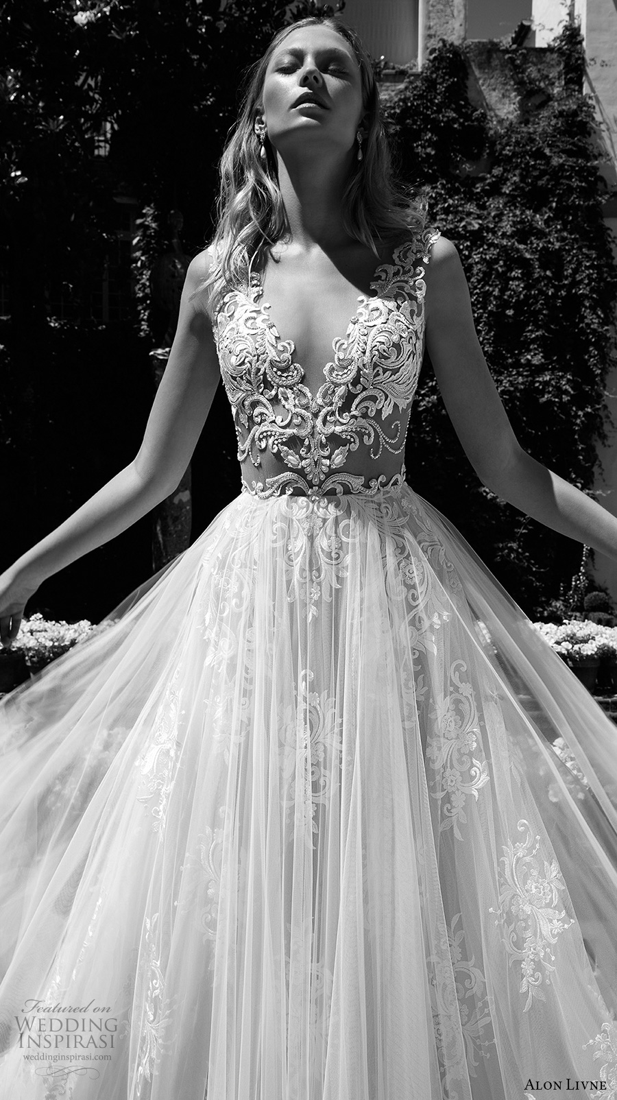 alon livne 2017 bridal sleeveless v neck heavily embroidered bodice tulle skirt romantic flowy modified a  line wedding dress rasor back royal train (christine) zv