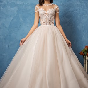 amelia sposa 2017 bridal lace short sleeves sheer bateau sweetheart neckline heavily embellished bodice romantic princess ball gown wedding dress lace back royal train (regina) mv