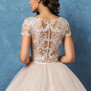 amelia sposa 2017 bridal lace short sleeves sheer bateau sweetheart neckline heavily embellished bodice romantic princess ball gown wedding dress lace back royal train (regina) zbv