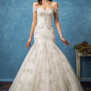amelia sposa 2017 bridal off the shoulder sweetheart neckline full embellishment glamorous elegant fit and flare mermaid wedding dress royal train (rosa) mv