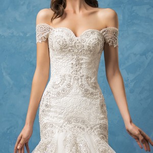 amelia sposa 2017 bridal off the shoulder sweetheart neckline full embellishment glamorous elegant fit and flare mermaid wedding dress royal train (rosa) zv