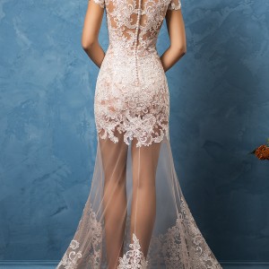 amelia sposa 2017 bridal short sleeves illusion bateau sweetheart neckline full embellishment elegant trumpet wedding dress illusion back chapel train (solange) bv