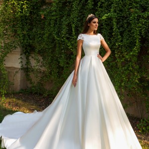 crystal design 2017 bridal cap sleeves bateau neckline simple clean classic ball gown a  line wedding dress lace back royal train (medelin) mv