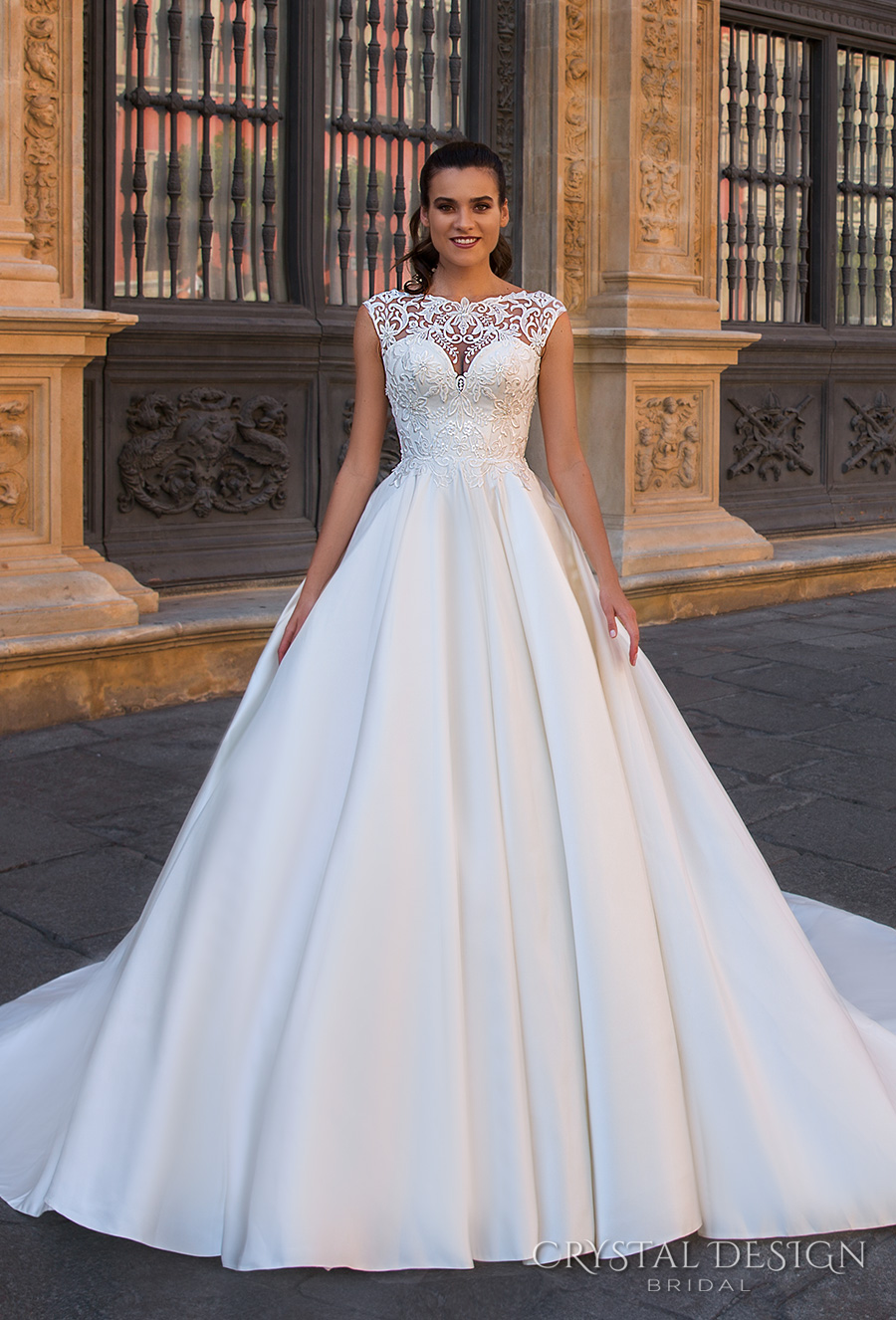 crystal design 2017 bridal cap sleeves illusion bateau sweetheart neckline heavily embellished bodice romantic a  line wedding dress lace back long train (amalia) mv