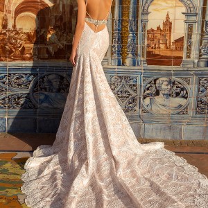 crystal design 2017 bridal double thin strap sweetheart neckline bustier full embellishment lace ivory elegant sheath trumpet wedding dress low back chapel train (michell) bv