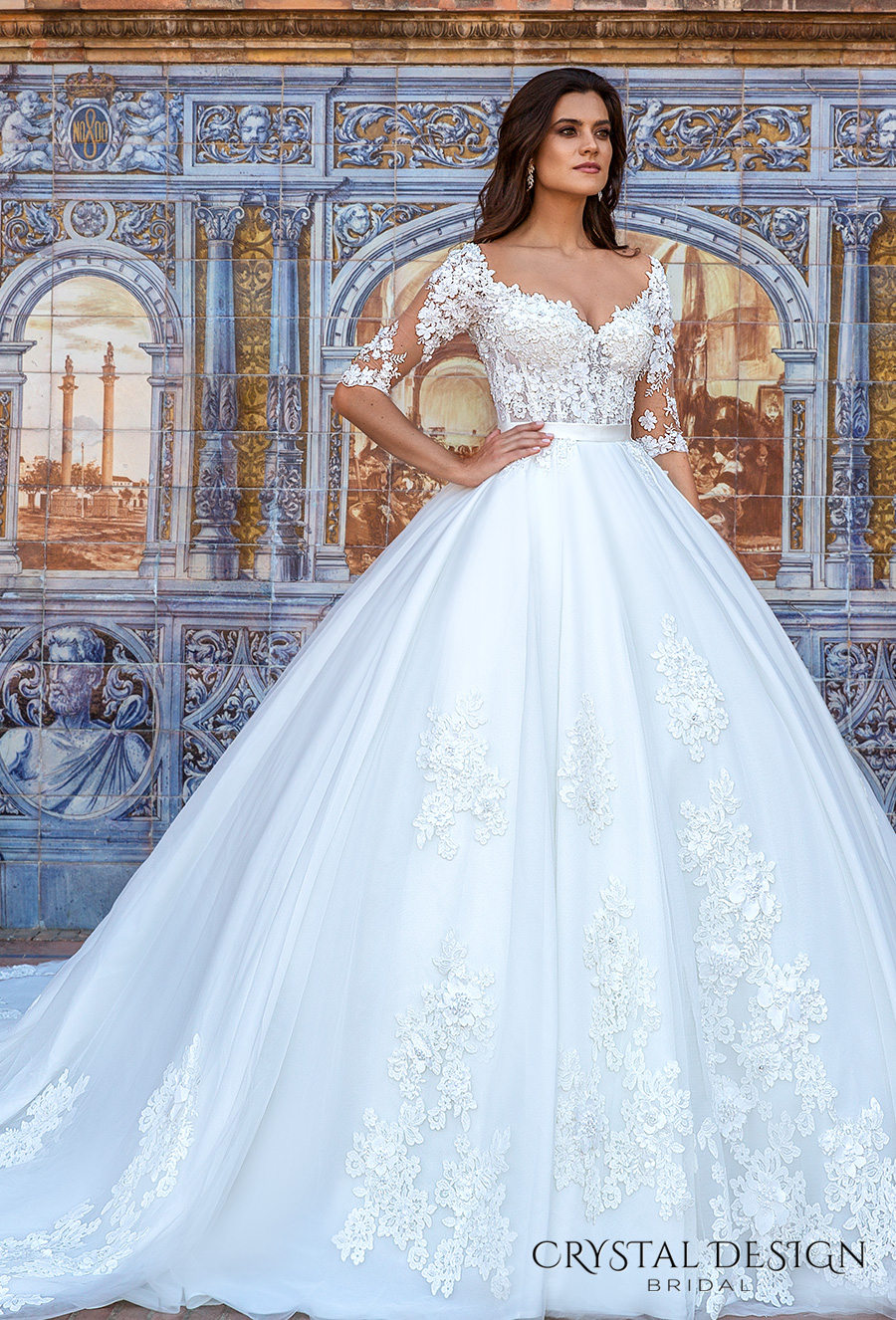 crystal design 2017 bridal half sleeves sweetheart neckline heavily embellished bodice princess wedding dress ball gown royal train (eleonor) mv