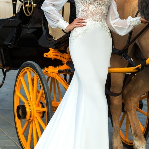 crystal design 2017 bridal long bishop sleeves sweetheart neckline heavily embellished bodice elegant sheath wedding dress chapel train (heyly) mv