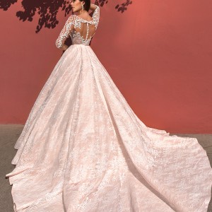 crystal design 2017 bridal long sleeves deep plunging sweetheart neckline heavily embellished bodice lace princess pink ball gown wedding dress keyhole back monarch train (jovana) bv