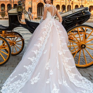 crystal design 2017 bridal long sleeves illusion boat sweetheart neckline heavily embellished bodice princess pink ball gown wedding dress sheer back royal train (leda) bv