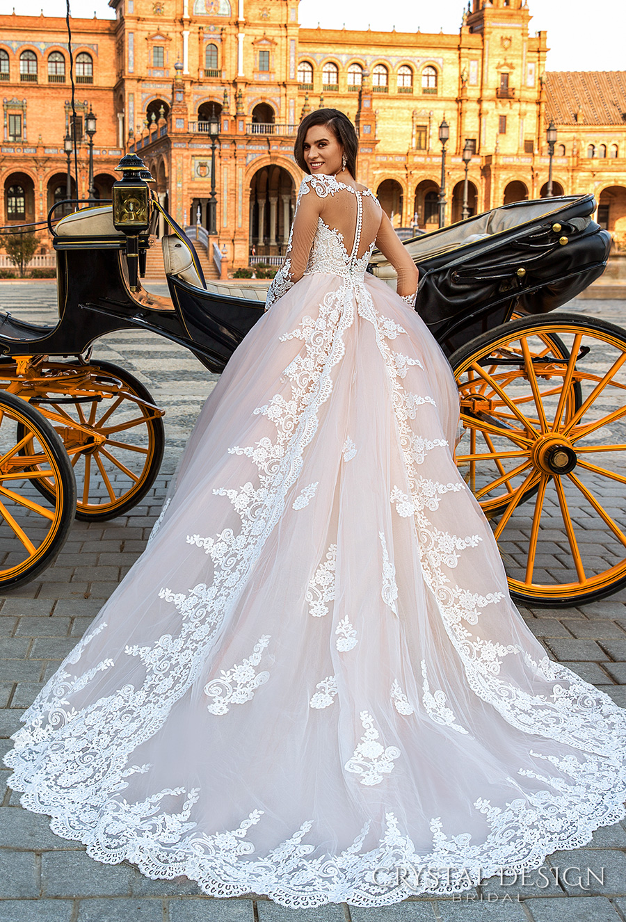 crystal design 2017 bridal long sleeves illusion boat sweetheart neckline heavily embellished bodice princess pink ball gown wedding dress sheer back royal train (leda) bv