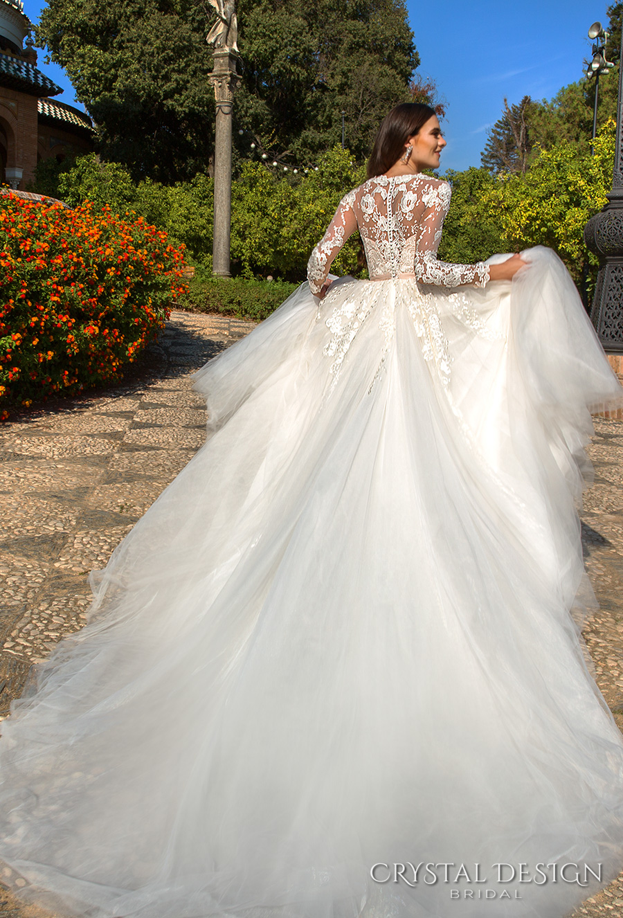 crystal design 2017 bridal long sleeves illusion jewel neckline heavily embellished bodice tulle skirt romantic a  line wedding dress lace back royal train (daniel) bv