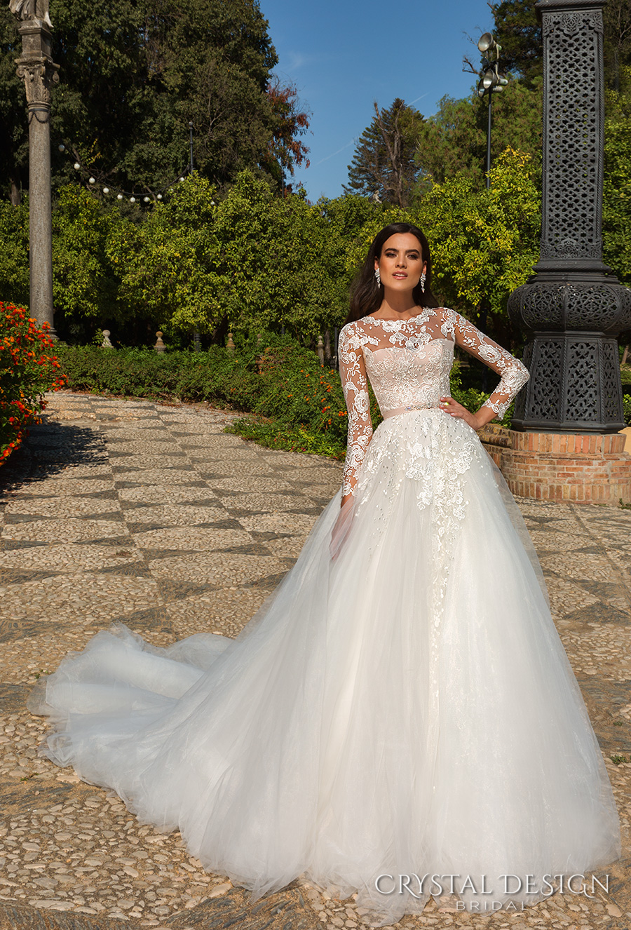 long sleeve lace wedding dress with tulle skirt