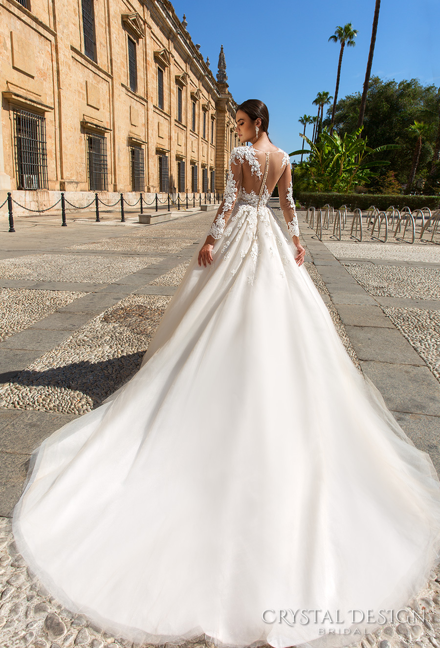 crystal design 2017 bridal long sleeves sweetheart neckline heavily embellished bodice princess lace ball gown wedding dress lace back royal train (elania) bv