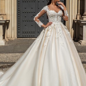 crystal design 2017 bridal long sleeves sweetheart neckline heavily embellished bodice princess lace ball gown wedding dress lace back royal train (elania) mv