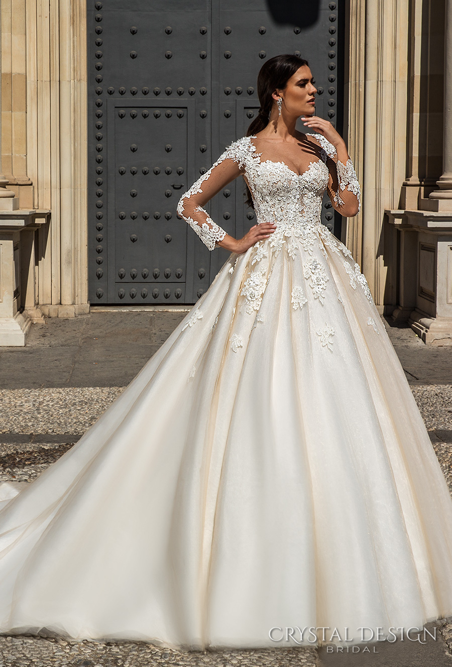 crystal design 2017 bridal long sleeves sweetheart neckline heavily embellished bodice princess lace ball gown wedding dress lace back royal train (elania) mv