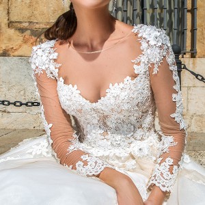 crystal design 2017 bridal long sleeves sweetheart neckline heavily embellished bodice princess lace ball gown wedding dress lace back royal train (elania) zv