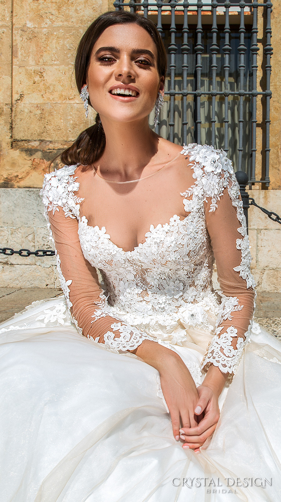 crystal design 2017 bridal long sleeves sweetheart neckline heavily embellished bodice princess lace ball gown wedding dress lace back royal train (elania) zv