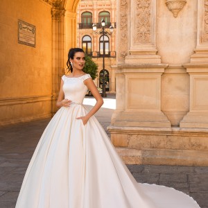 crystal design 2017 bridal off the shoulder simple clean bodice elegant classic ball gown a  line wedding dress with pockets lace back royal train (rafaella) mv