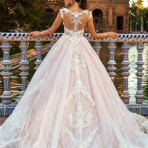 crystal design 2017 bridal sleeveless illusion boat sweetheart neckline full embellishment pink lace princess ball gown a  line wedding dress lace back chapel train (evely) bv