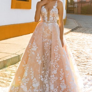 crystal design 2017 bridal sleeveless strap deep plunging sweetheart neckline full embellishment blush color romantic a  line wedding dress  sheer back royal train (lizel) mv