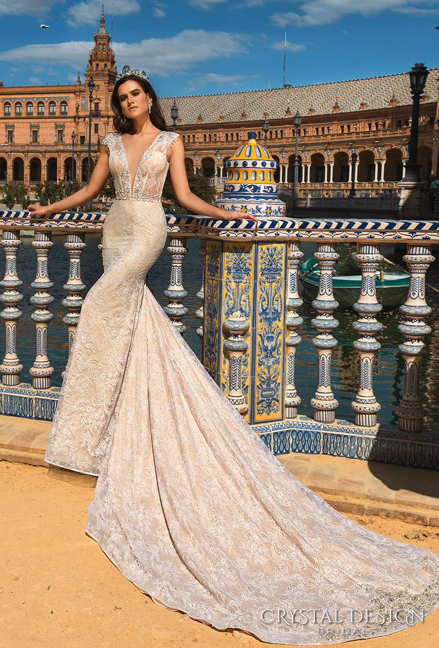 crystal design 2017 bridal sleeveless thick strap deep plunging v neck full embellishment elegant ivory lace sheath wedding dress low back long train (patris) mv