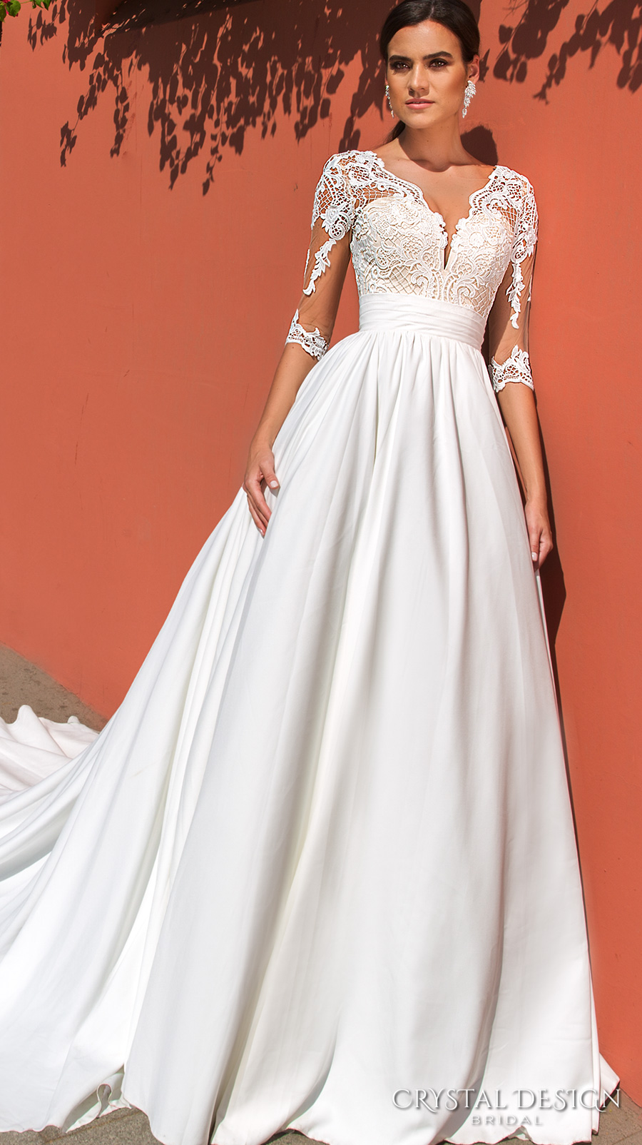 crystal design 2017 bridal three quarter sleeves deep v neck heavily embellished bodice elegant a  line wedding dress illusion back royal train (simona) mv